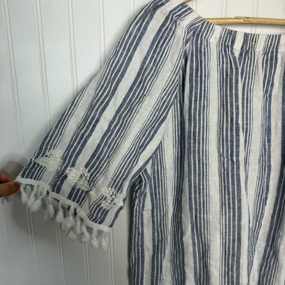 John Mark Top XL Linen Floral Stripes Embroidered Tassels Casual Coastal - Picture 8 of 10
